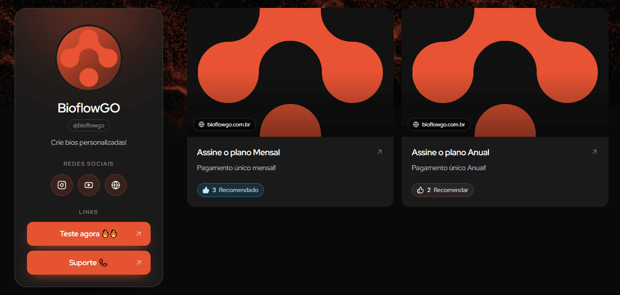Página da BioflowGO no desktop, com perfil, redes sociais, links e cards de planos